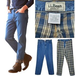 L.L.Bean Men’s Flannel-Lined Jeans Classic Fit 37x34 Blue Plaid Cotton